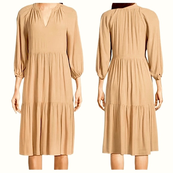 Gibson Latimer Dresses & Skirts - Gibson & Latimer | Peasant Split V-Neck Blouson Sleeve Tiered Hem Dress L Taupe